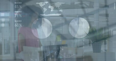 Poster - Animation of statistical data processing against african american woman smiling at office