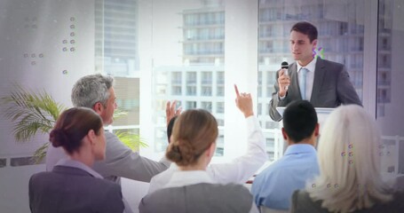 Poster - Animation of abstract shapes over caucasian businessman asking question at business conference