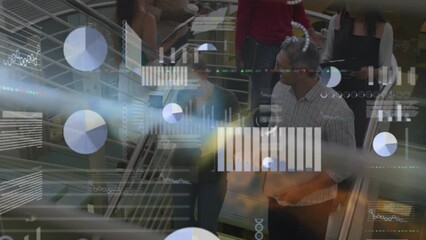 Poster - Animation of data processing over diverse colleagues climbing down the stairs at office