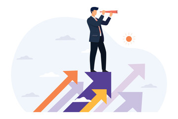 Business vision concept. A man standing on arrow and looking for future plans for success . Vector illustration.