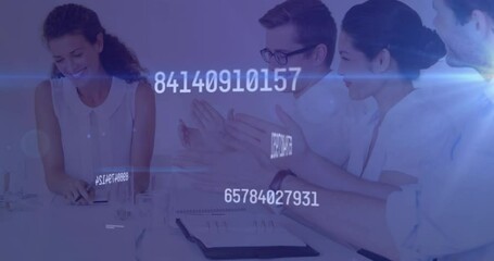 Poster - Animation of changing numbers and light spot over diverse colleagues clapping together at office
