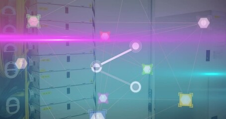 Poster - Animation of network of digital icons over pink and blue light trails against computer server room