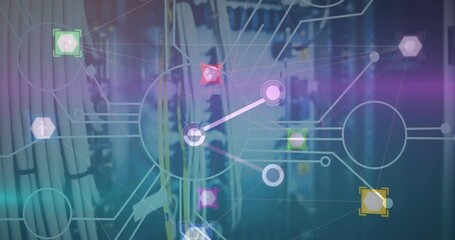 Poster - Animation of network of digital icons against close up of a computer server