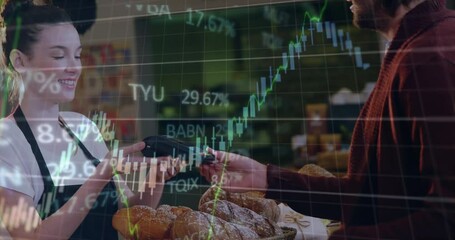 Poster - Animation of data processing over mid section of caucasian man paying with credit card at a cafe