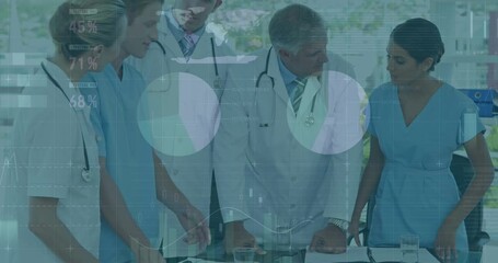 Poster - Animation of data processing over team of diverse doctors and health workers discussing at hospital