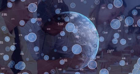 Poster - Animation of network of digital icons over diverse businesspeople working at office against globe