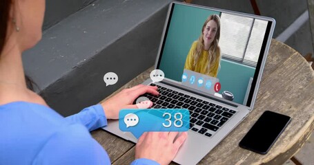 Poster - Animation of message icon with increasing numbers over caucasian woman having a video call on laptop