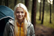 young teenage girl is outdoors in nature in the forest with a camping tent, wearing jacket and a hiking backpack, hiking or overnight stay as an adventure or for relaxation. Generative AI