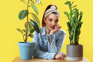 Canvas Print - Young woman and shelf with green houseplants on yellow background