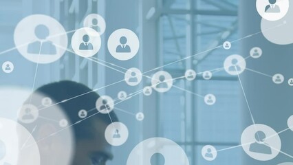 Poster - Animation of network of profile icons over biracial businessman talking on smartphone at office