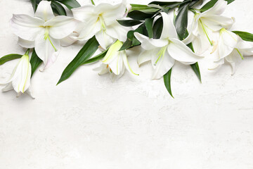 composition with delicate lily flowers on light background