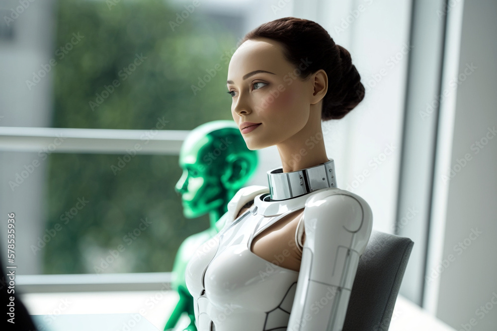 a young woman is a humanoid android robot with artificial intelligence, sits in front of a window with daylight and looks curious. Generative AI