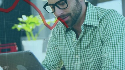 Poster - animation of falling graph with changing numbers over caucasian man using digital tablet in office