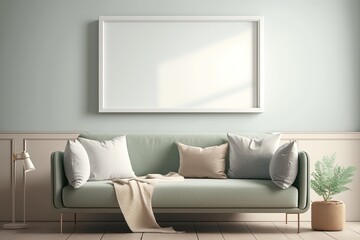 Blank horizontal poster frame mock up in minimal white style living room interior, modern living room interior background, Ai generative.