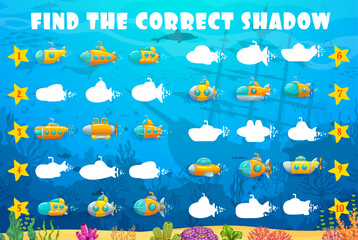Poster - Find the correct shadow of yellow submarine, underwater landscape. Kids vector game worksheet with cartoon sub boats in ocean. Children logic activity, preschool or kindergarten education puzzle