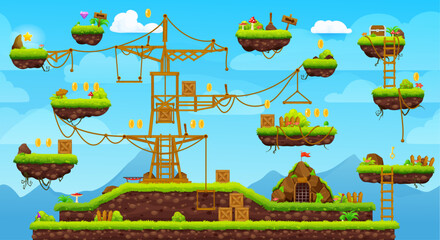 Poster - 2d arcade game level map interface. Platform, stairs, coin, bonus and treasure icons, vector video and computer game ui. Cartoon ground and grass level landscape, flying islands, ladders, stars, keys