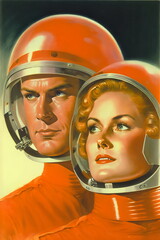vintage sci-fi painting of male and female astronauts in helmets on alien planet, created with gener