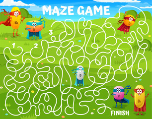 Poster - Labyrinth maze. Cartoon cheerful superhero vitamin characters. Search path, find way puzzle or kids labyrinth vector worksheet with B, N, D and C, P micronutrient funny heroes personages on meadow