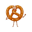 Cartoon pretzel character, funny bakery bread, vector funny food with face and smile. Pretzel snack or happy pastry emoji with eyes, German bread or Oktoberfest snack emoticon and comic personage