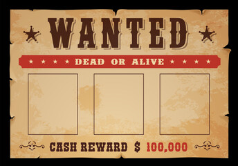 Western wanted banner with reward. Dead or alive vintage banner or Wild West sheriff criminal notice vector template. Old american saloon torn paper wanted poster with bounty offer, photo copy space