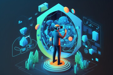 Poster - virtual reality concept. man wearing virtual reality headset. abstract vr world with neon lines. new,  Generative AI