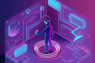 Poster - virtual reality concept. man wearing virtual reality headset. abstract vr world with neon lines. new,  Generative AI