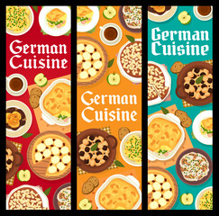 Sticker - German cuisine meals banners, Germany food fishes vector menu. German cuisine food cheese cake streusel, vegetable sausage casserole spaetzle and beef stew schnelklops with mustard potato salad