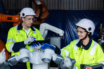 Wall Mural - concept of new manufacturing industry. Engineer teamwork using tablet control and checking system robot arm automate. Test performance of robotic in factory.