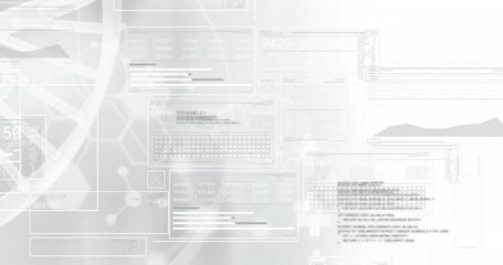 Poster - Animation of dna strand spinning and data processing on white background