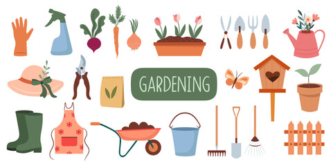 spring gardening kit with tools and plants