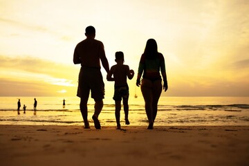 Sticker - Silhouette of family walking on the beach at sunset 