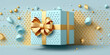 © Welisson - 3D gift box, gold ribbon bow on blue pastel background. Present mockup for cosmetic product . Realistic gift with confetti . Copy space banner Birthday, valentine or Christmas 3d render
