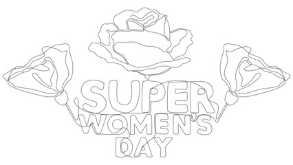 Fototapete - One continuous line of Super Women's Day word with flower. Thin Line Illustration vector concept. Contour Drawing Creative ideas.