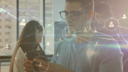 Poster - Animation of network with connections over caucasian businessman