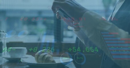 Poster - Animation of financial data processing over caucasian businessman taking photo with smartphone