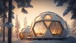 two geodesic domes in remote snow landscape with northern lights, made with generative ai