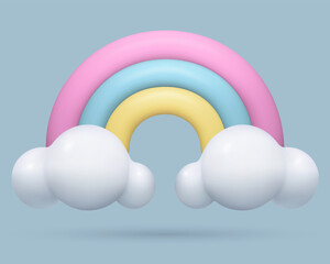 3d Rainbow Icon with white clouds realistic three dimensional cartoon plastic design element
