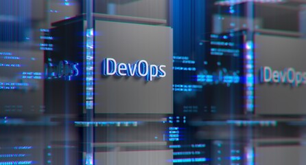 Wall Mural - Devops software development operations infinity symbol. Web development concept in isometric design. Developing of internet app, online website service.	
