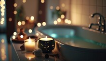 Candles In A Spa Bathtub. Relaxing Soap Suds Soak. Romantic Bath. 