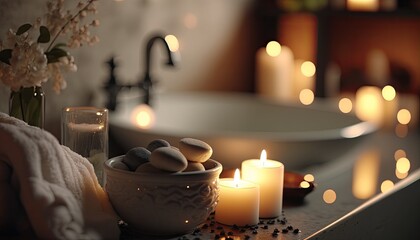 Candles in a spa bathtub. Relaxing soap suds soak. Romantic bath. 