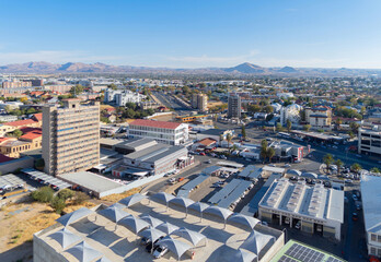 Sticker - Aerial view of buildings in Windhoek downtown urban city town. Namibia, South Africa.