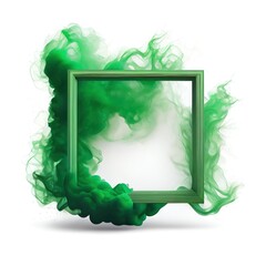 Wall Mural - Green swirling smoke square frame isolated on white background. Green color abstract smooth flowing vapour. Ai generated square frame design.