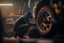 Auto Mechanic Works In A Garage And Changes A Tire.generative Ai