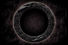 An Empty Black Stone Circle Frame On Black Background. Detailed Natural Cracked Rock Texture. Ai Generated Abstract Illustration With A Circle Frame Made Of Stone With Backlight.