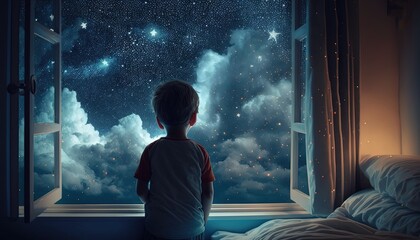 Wall Mural - a kid watching out at big window open to galaxy sky, midnight time, idea for imagination and dream concept, Generative Ai