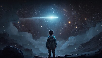 Wall Mural - illustration of a boy looking at night starry sky with glitter glow galaxy flicker above, idea for prayer of hope, love, peace theme, Generative Ai