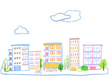 Cityscape, Condominium And Residential Landscape Cute Hand-drawn Illustrations Of Colorful And Simple Line Drawings / 街並み、マンションと住宅の景観 カラフルでシンプルな線画のかわいい手描きイラスト