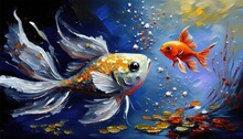 Illustration Of Smiley Face Of Animal With Color Splash Oil Painting Style, Cute Gold Fish Generative Ai	
