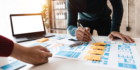 team ux designer creative graphic planning application development a prototype smartphone layout