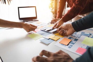 Team ux designer creative graphic planning application development a prototype smartphone layout